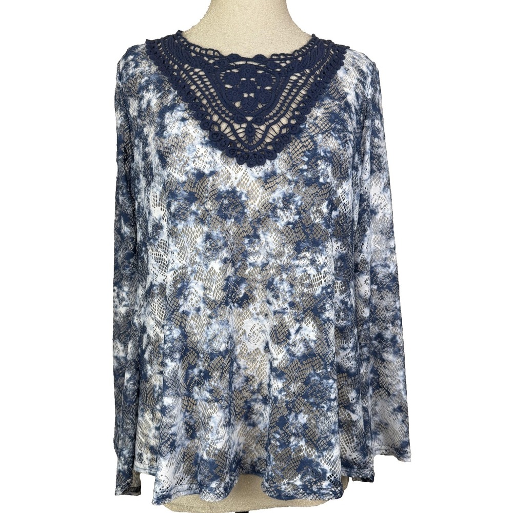 Joseph Ribkoff‎ Tunic Top Womens 10 Blue Crochet Lace Sheer High Low Hem Boho